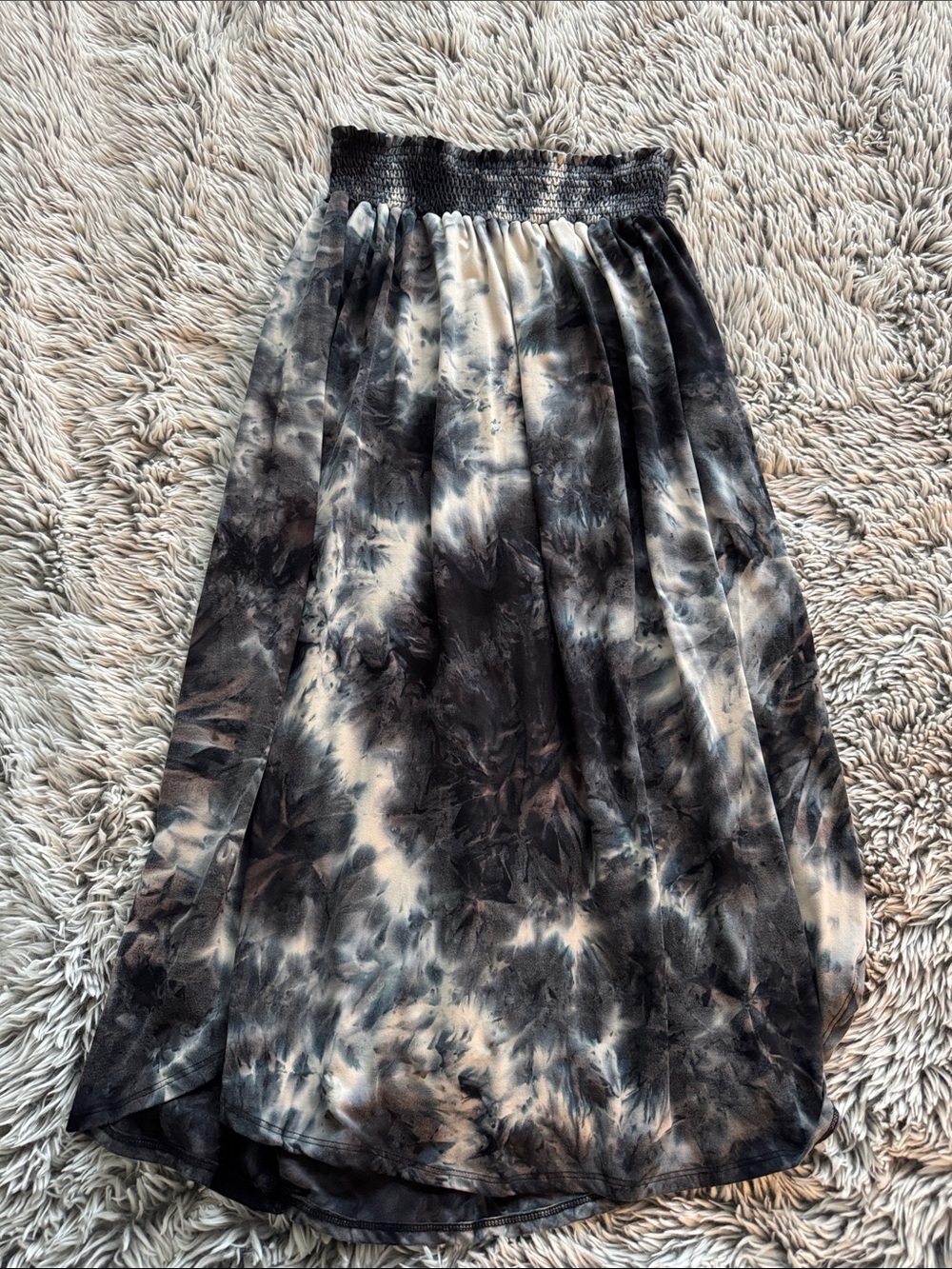 Cozy Casual Black & Cream Smocked Tie-Dye Skirt